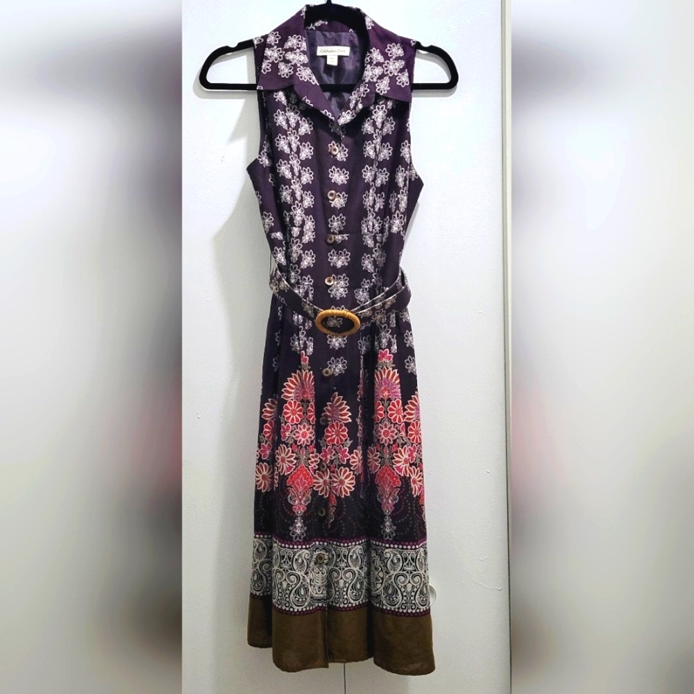 Patterned Cotton Sleeveless Flare Shirt Dress size 10